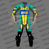 A full-body motorcycle racing suit shown front-facing on a gray background with repeated 'Racers Arena' watermark text. The suit is primarily black with large teal, yellow, and blue graphics, plus multiple sponsor logos and a central 'BK8 NEWS' chest graphic.