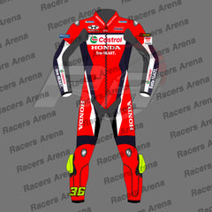 A red, black, and white motorcycle racing suit with sponsor logos, including Castrol and Honda, and protective padding.
