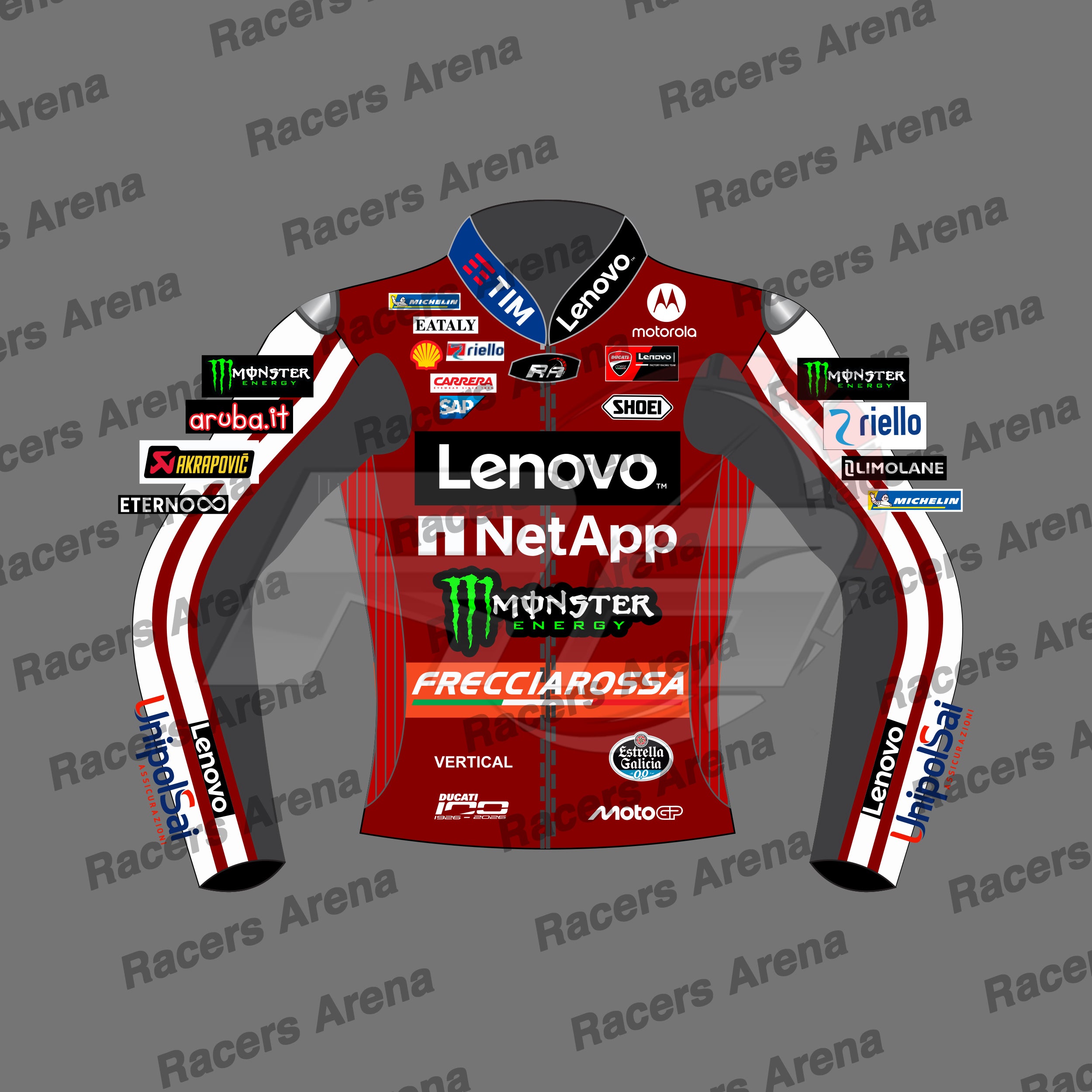A red and white racing team jacket mockup with sponsor logos including Lenovo, Monster Energy, and Frecciarossa, displayed on a gray background with 'Racers Arena' watermarks.