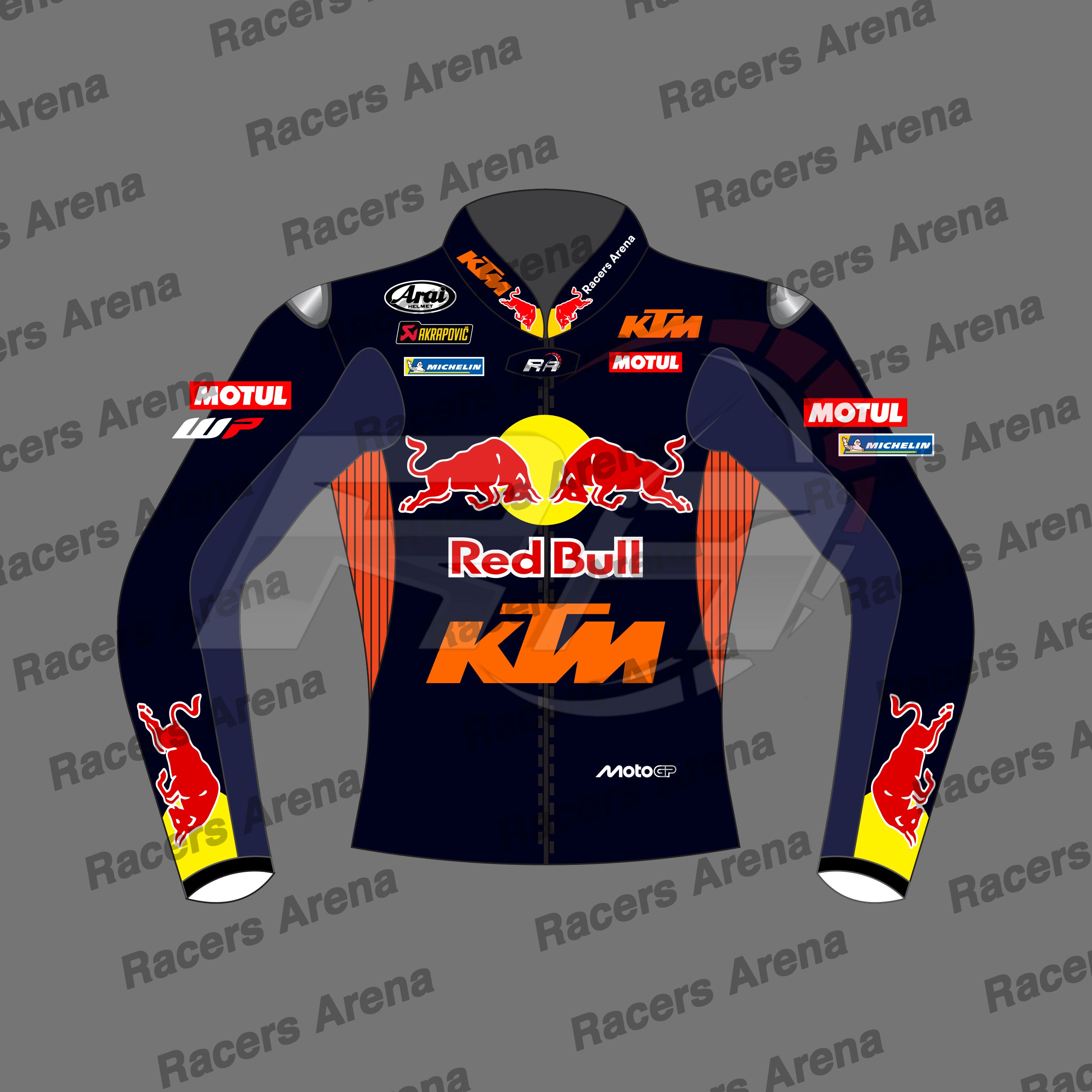 A long-sleeve racing jacket mockup on a gray background with repeated 'Racers Arena' watermarks. The jersey is predominantly black with prominent orange and red graphics, including the Red Bull logo, KTM branding, and sponsor logos such as MOTUL and Michelin.