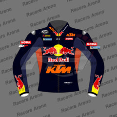 A long-sleeve racing jacket mockup on a gray background with repeated 'Racers Arena' watermarks. The jersey is predominantly black with prominent orange and red graphics, including the Red Bull logo, KTM branding, and sponsor logos such as MOTUL and Michelin.