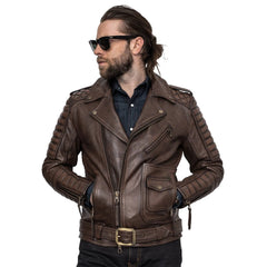 Men’s Genuine Cowhide Leather Motorcycle Jacket with Quilted Sleeves 2