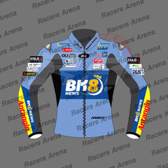 A blue and black racing jacket mockup with sponsor logos, featuring a light blue torso, black sleeves, and yellow accents on the lower arms, displayed on a gray background with 'Racers Arena' watermarks.