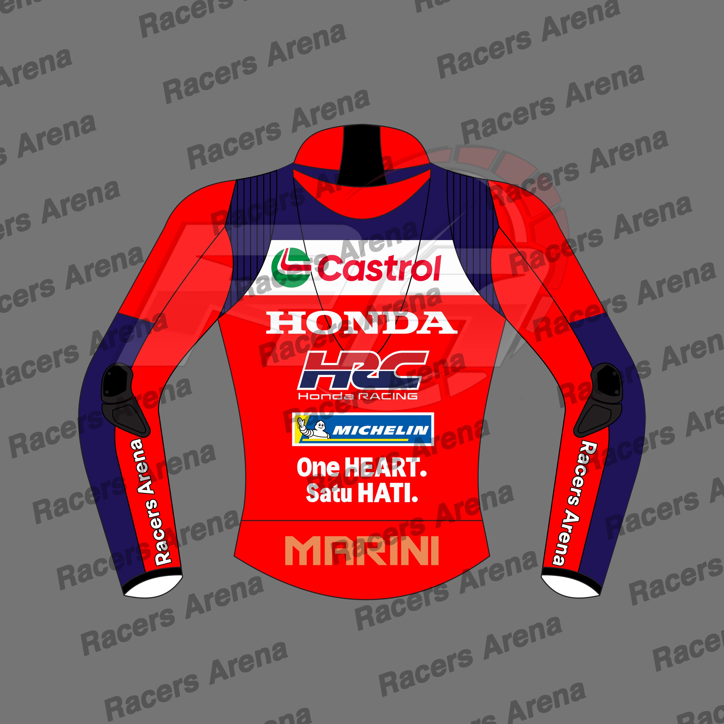 A red and navy blue racing jacket mockup with sponsor logos including Castrol, Honda, HRC, Michelin, and Marini, displayed on a gray background with 'Racers Arena' watermarks.
