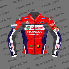 A red and white racing jacket mockup with navy blue side panels and sponsor logos, shown on a gray background with repeated 'Racers Arena' watermarks. Visible brands include Castrol, Honda, SAGHI, and others.