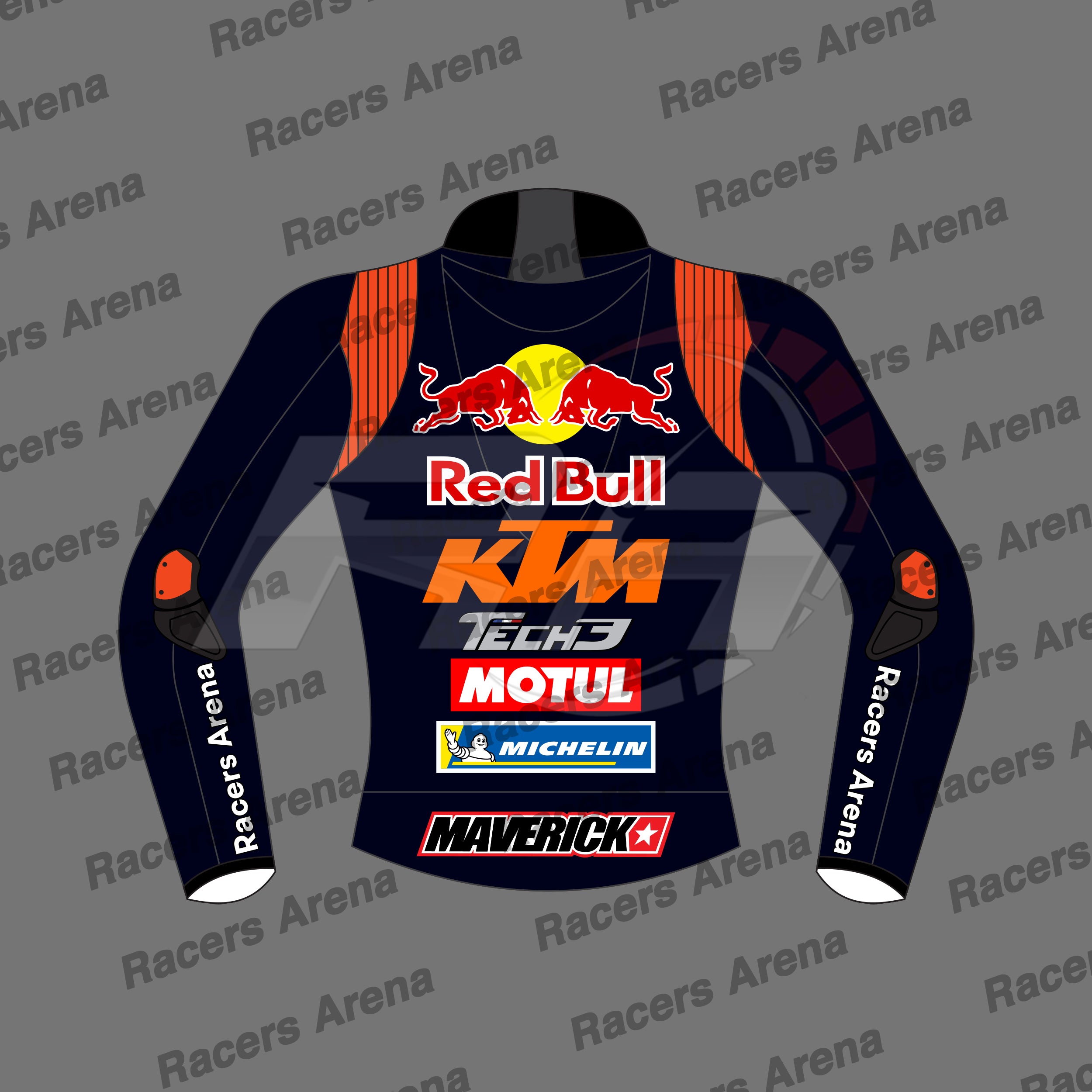 A long-sleeve racing jacket mockup shown from the back, featuring a dark navy base with orange shoulder panels, a large Red Bull logo and yellow circle at the upper back, and multiple sponsor logos including KTM, Tech3, Motul, Michelin, and Maverick. The background is a repeating gray 'Racers Arena' watermark.