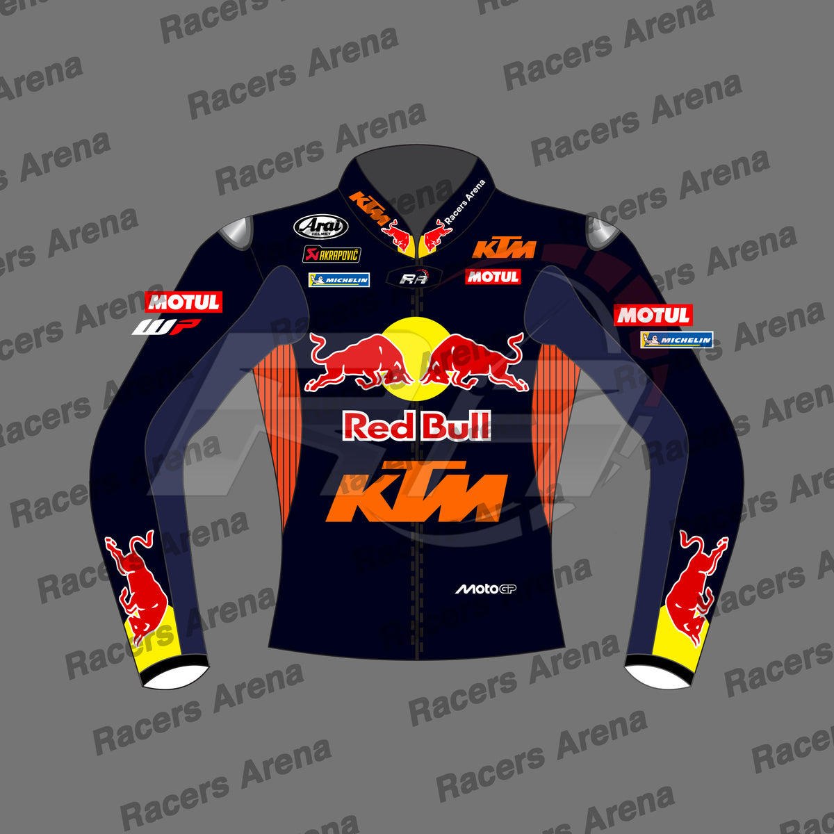 A long-sleeve racing jacket mockup on a gray background with repeated 'Racers Arena' watermarks. The jersey is predominantly black with prominent orange and red graphics, including the Red Bull logo, KTM branding, and sponsor logos such as MOTUL and Michelin.