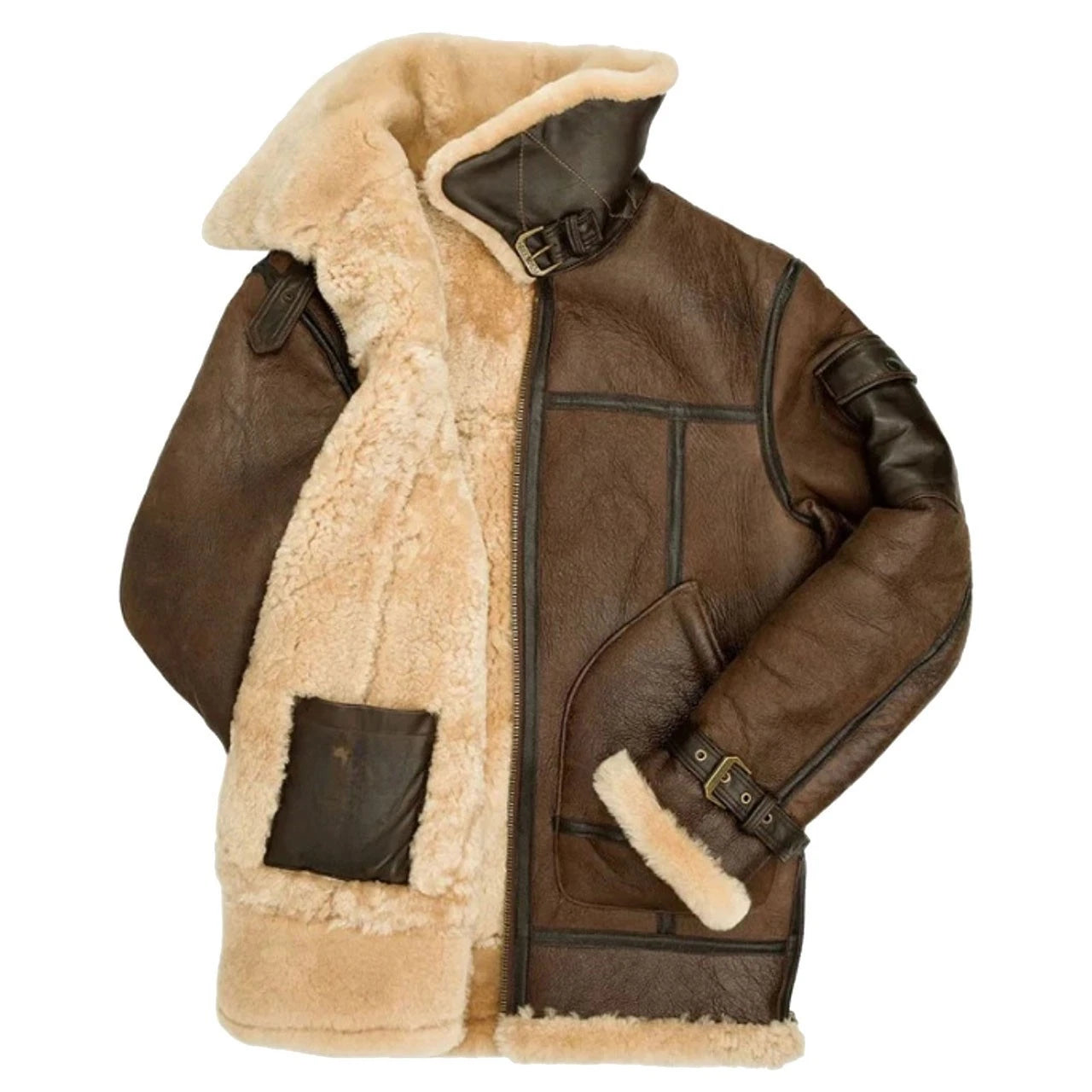 A brown leather aviator jacket with a thick beige shearling lining, featuring a high collar, front zipper, and adjustable cuffs.
