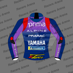 A digital mockup of a long-sleeve racing jacket shown from the back, featuring a blue and purple color scheme with red shoulder accents and multiple sponsor logos including Prima, Yamaha, Michelin, and Pramac. The background is a gray patterned with the text 'Racers Arena' repeated.