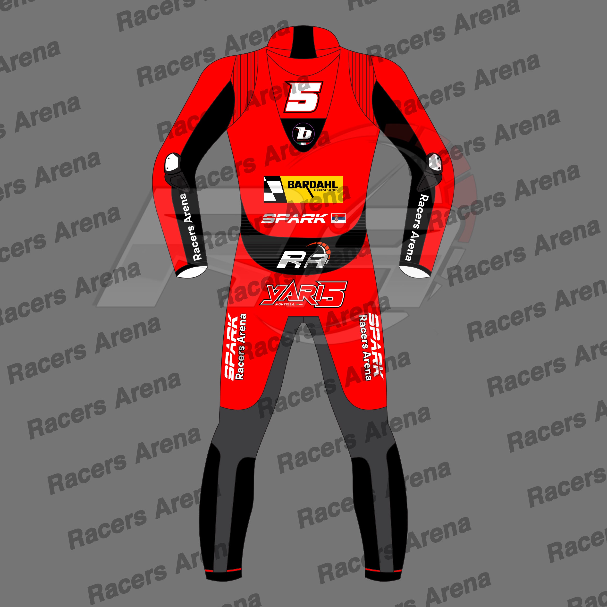 A red and black full-body racing suit or jumpsuit shown from the back, with sponsor logos including BARDAHL, SPARK, and XR5, on a gray background with repeated Racers Arena watermarks.