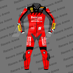 A red and black full-body racing suit with sponsor logos including Born Racing Team, Spark, Ducati, and Mobil 1, displayed on a gray background with a repeated 'Racers Arena' watermark.